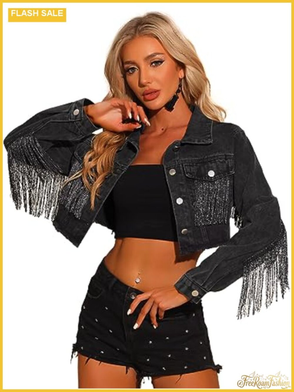 Crop Denim Jacket with Fringe Casual Button Down Long Sleeve Jean Coat